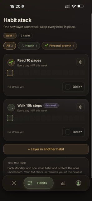 Ritual Habits screen — habit stack with per-day and weekly frequency