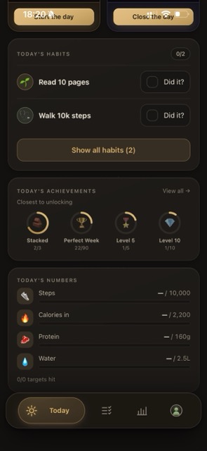 Ritual Today screen — habits, achievements and daily numbers